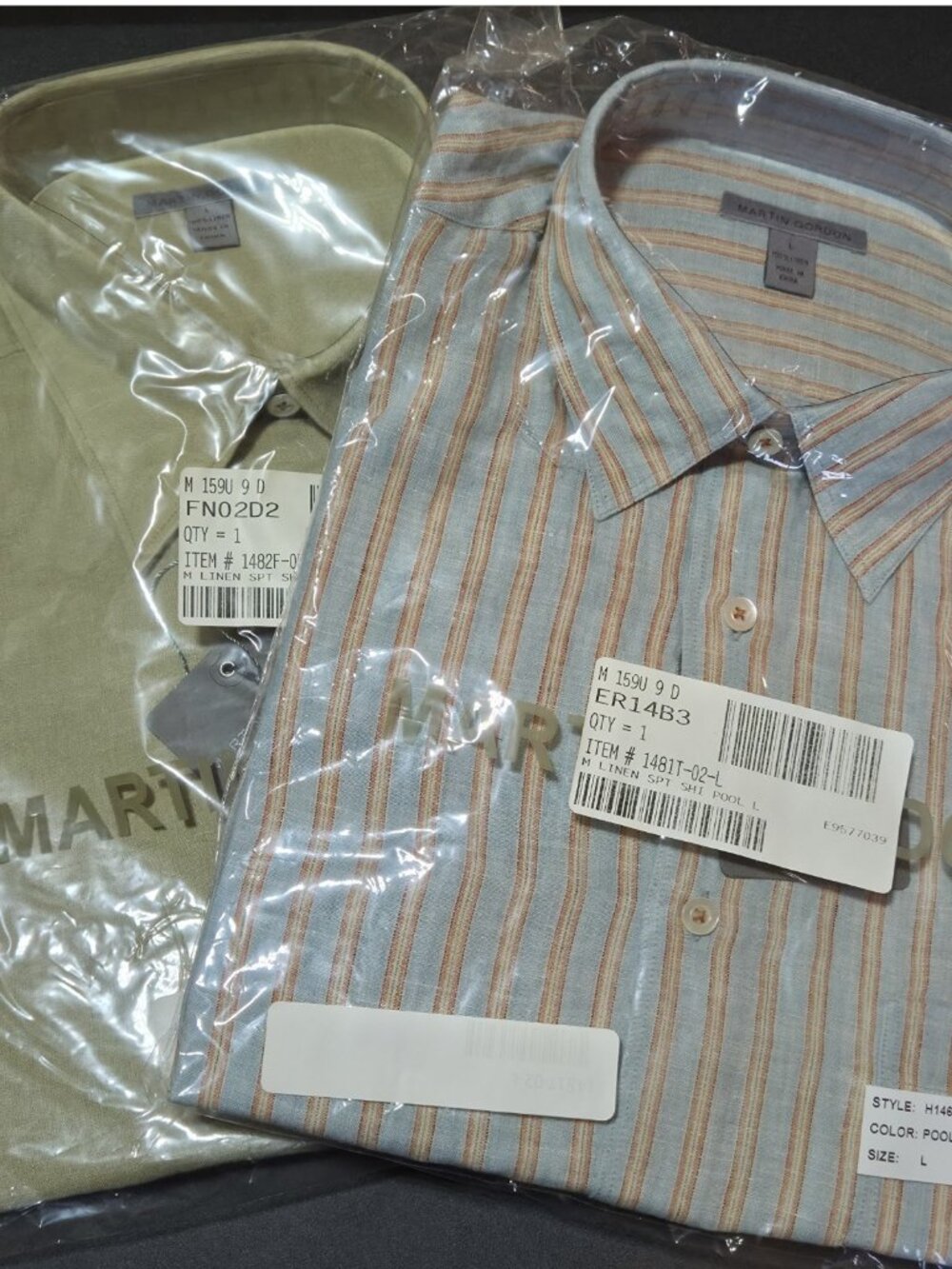 2 Martin Gordon 100% Linen Long Sleeve Shirts Solid Green & Striped Blue NEW